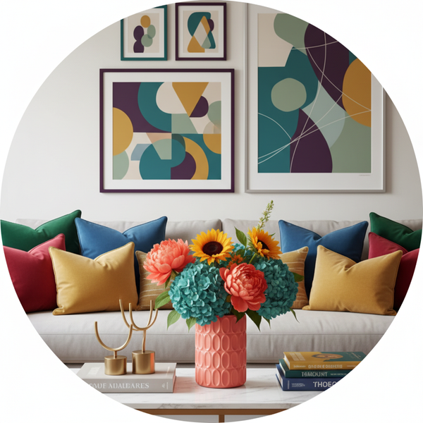 make a home decor image grapic image and make it look starnd and asthetic and use multi colors to look attractive and it should be in circle